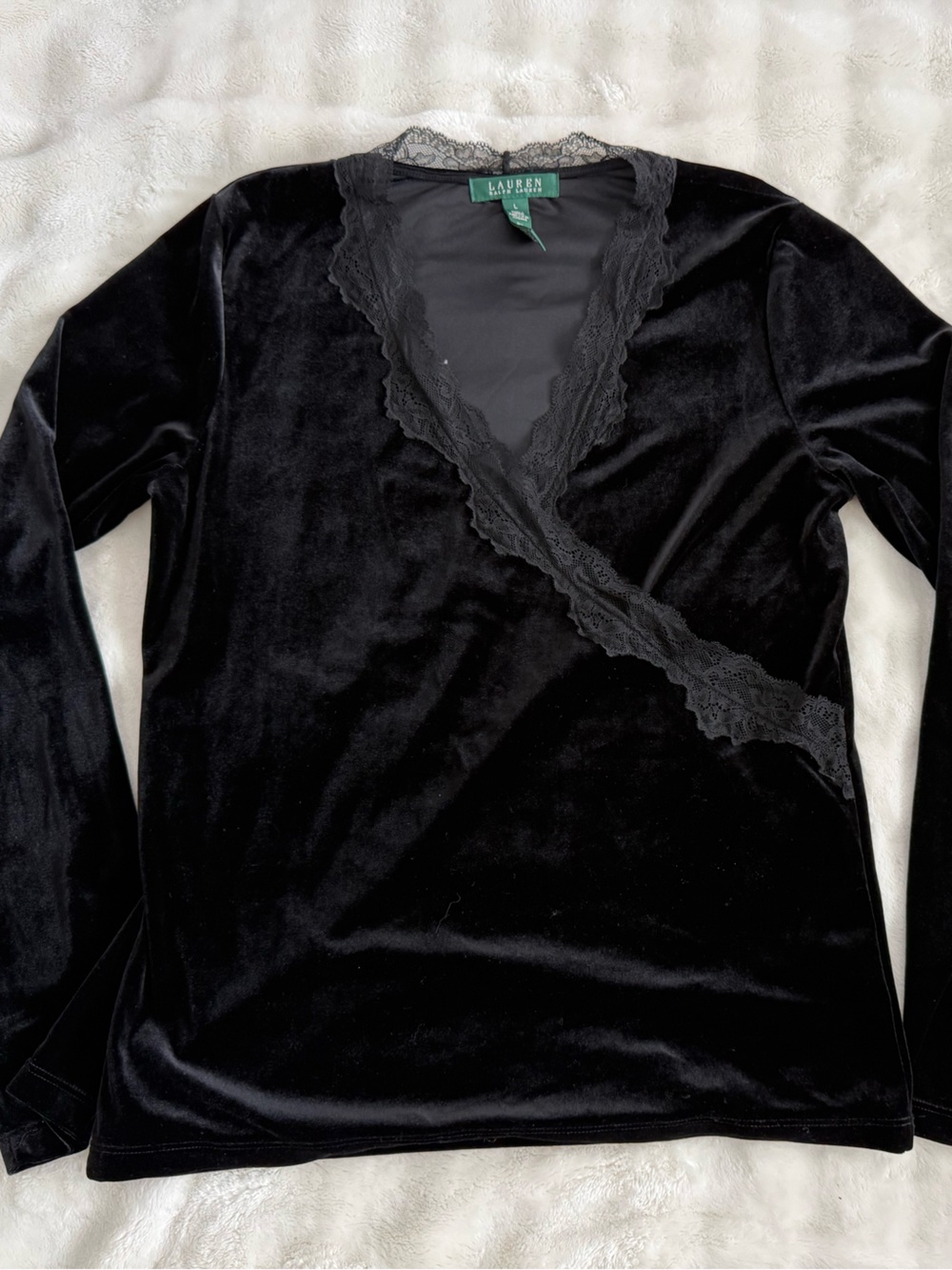 Vtg Y2K Lauren Ralph Lauren Black Velvet Lace Trim Wrap Top L